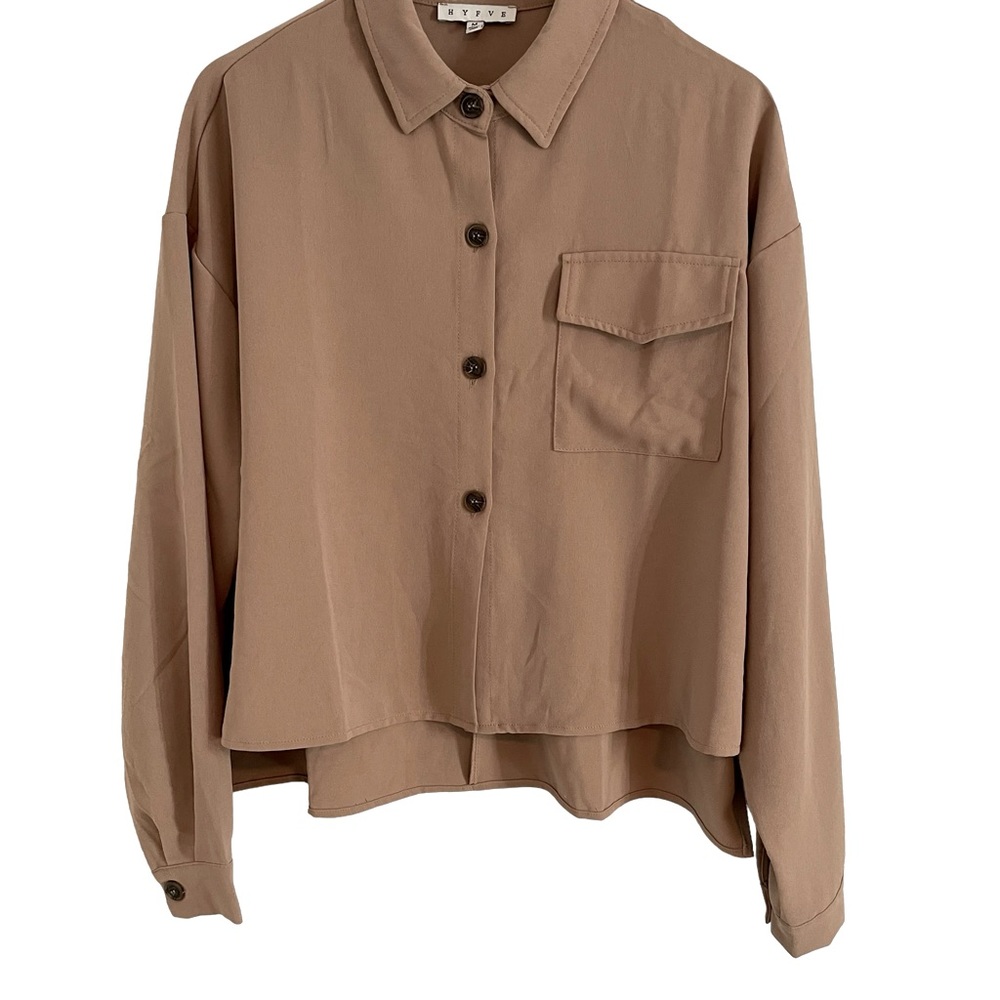 HYFVE Style HF22F453 Women's Button Up Shirt Jacket Blouse Camel Brown Medium